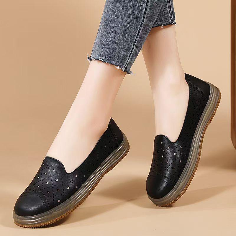 Spring Summer New Genuine Leather Hollow Out Flat sole Shoes Thick sole Non Slip Round Toe Shallow Slip On Elderly Nude Shoes