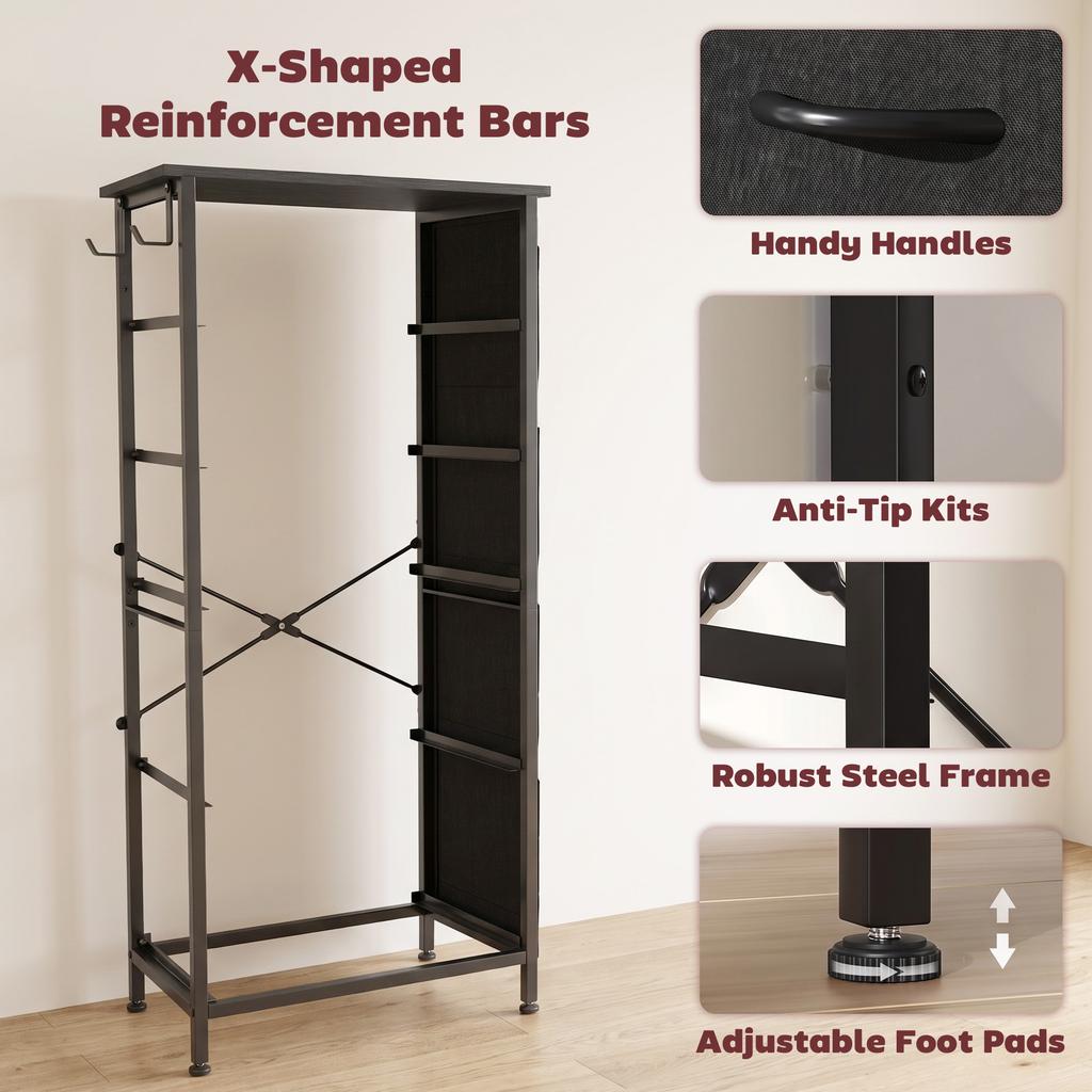 Chest of Drawers, Dresser with 5 Fabric Drawers, Tall Storage Unit with 4 Pockets and 2 Hooks, Steel Frame, Black