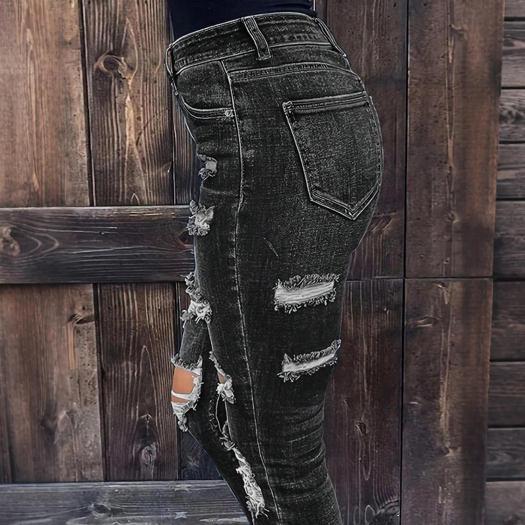 Dámské Skinny Trend Roztrhané Ležérní Módní Džíny s Rovnou Nohavicí