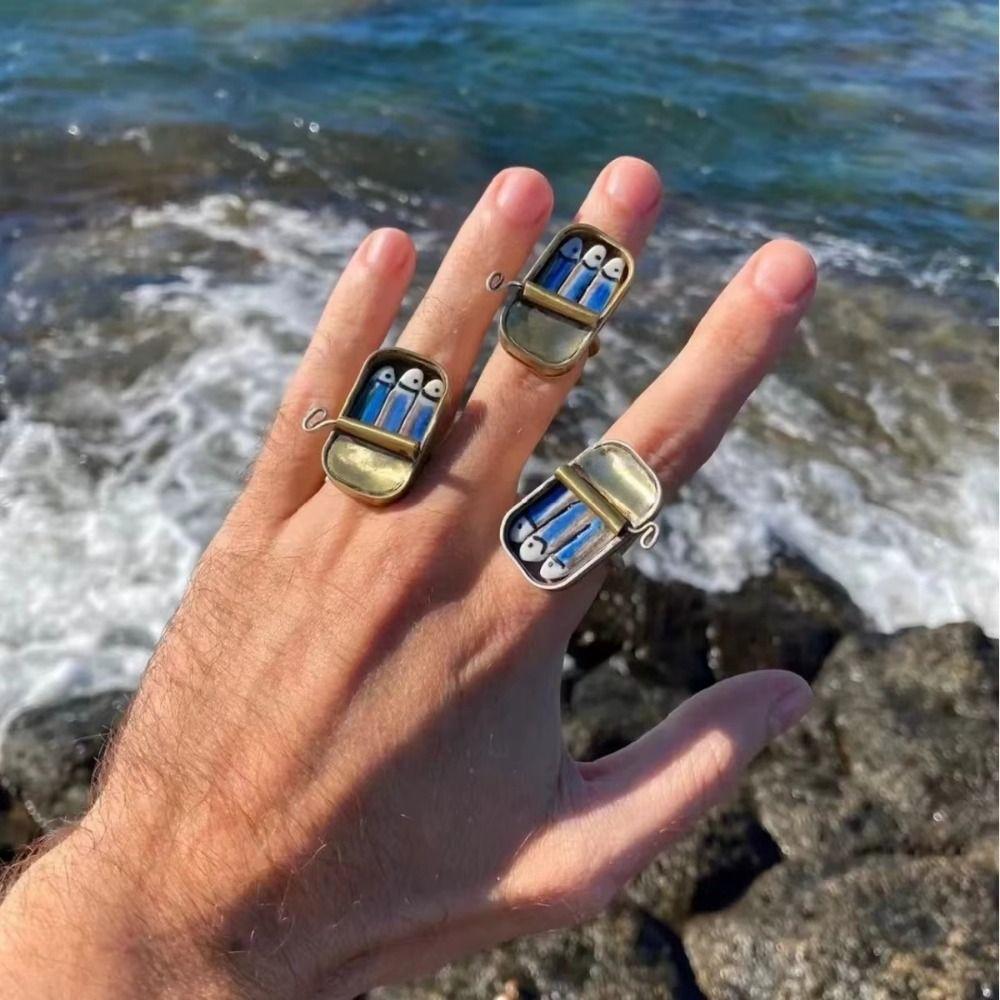 Punk Sardines Finger Ring Gold Silver Fun Rings Fashionable Sardine Can Rings Women Men