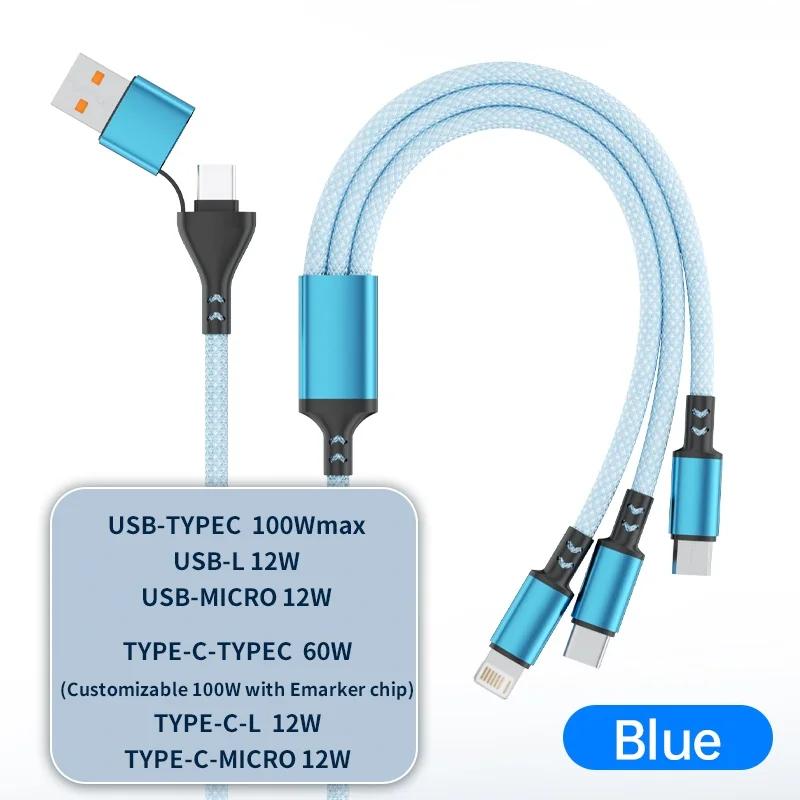 100W 3-in-1 Charging Data Cable Type-C Micro USB Dual Port Cord Fast Charge for USB Powered Devices Durable Sync Charger Line