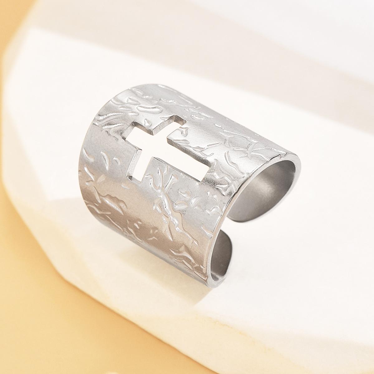 Men s Exaggerated Hollow Cross Ring - Textured Wide Open Stainless Steel Jewelry