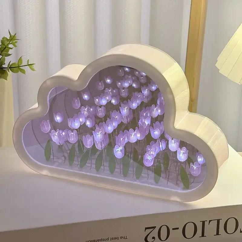 DIY Cloud Tulip Night Light Handmade Material Flower Home Decor Mirror Creative Atmosphere Lamp Valentine's Day Birthday Gift