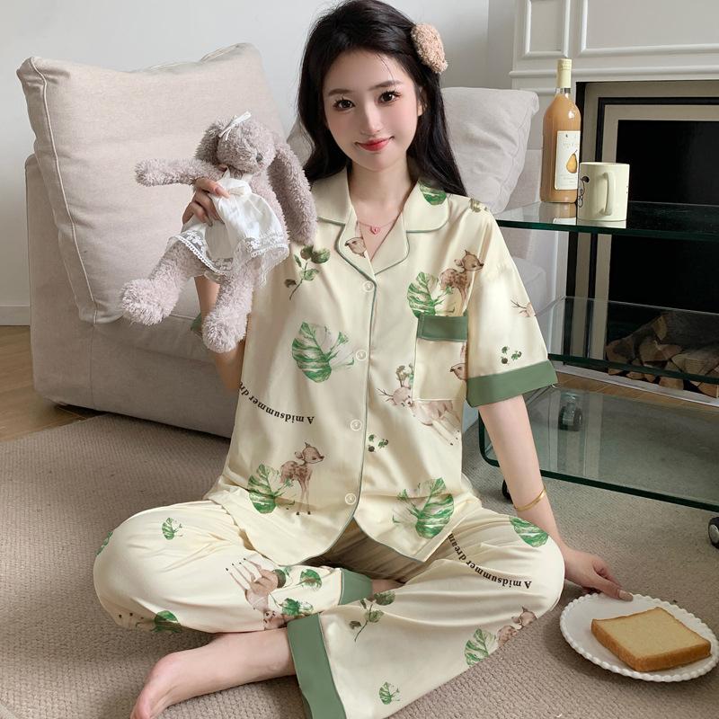 Contrasting color imitation cotton pajamas women's summer short-sleeved trousers small floral large-size loungewear medium mother suit