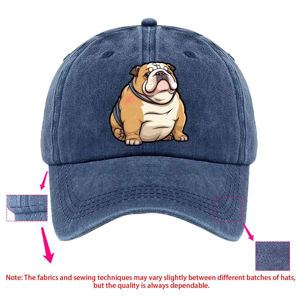 Bulldog Graphic Washed Baseball Cap Funny Dog Print Adjustable Denim Hat for Unisex