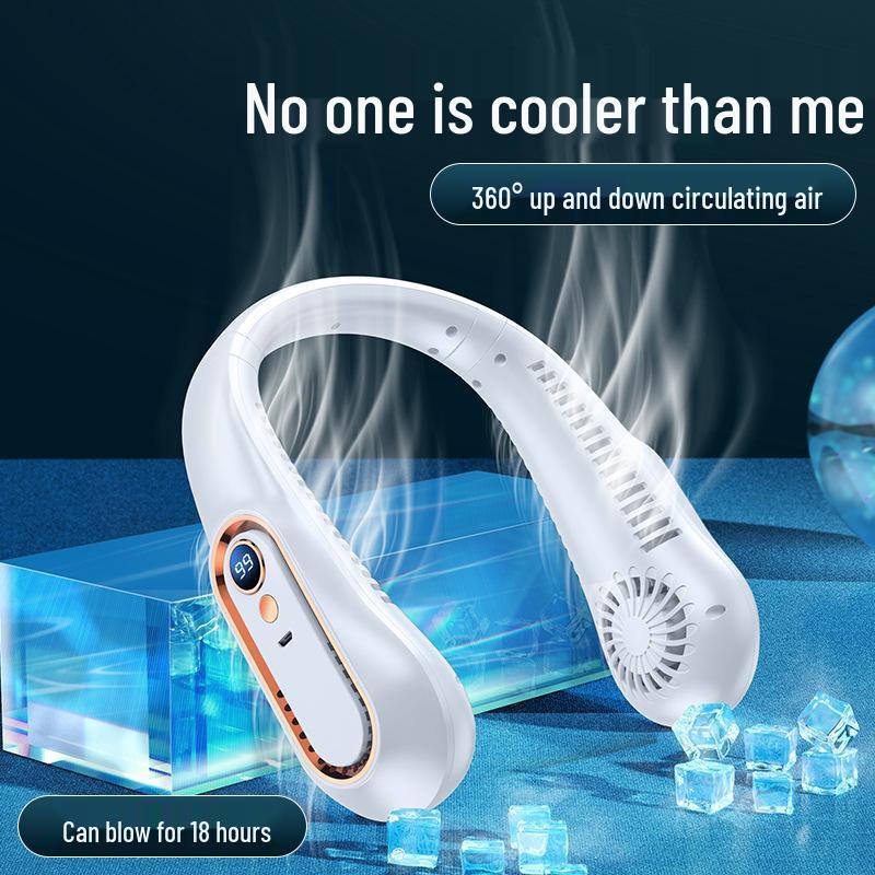 USB Rechargeable Neck Hanging Fan with Digital Display for Students, Office & Sports