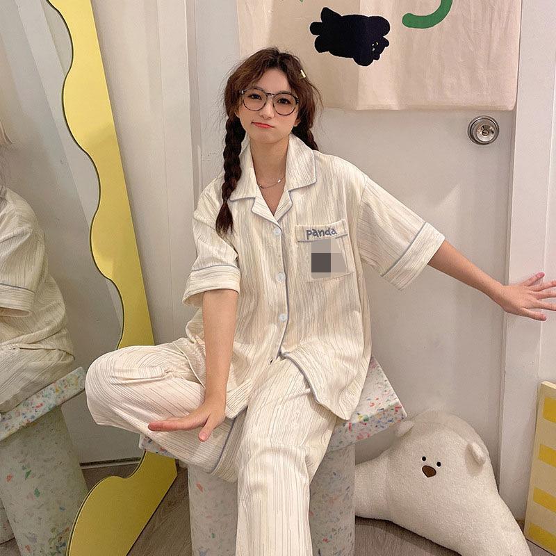 Pajamas Women S Suit Cartoon Panda Cardigan Short-Sleeved Trousers Fashion Versatile Summer Cardigan Cotton Loungewear M