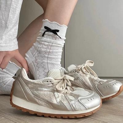Cowhide Version Silver Lace Dad Shoes Women's Autumn New Breathable Mesh Shoes Versatile Women