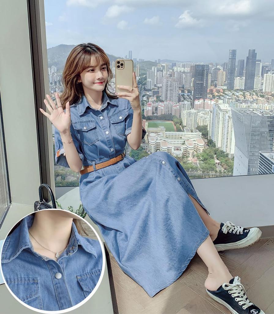 Seira Summer Denim Shirt Long Short Lightweight Solid with Office Lady Elegant Women's Dress, Dress, Dress, Sleeve, A-Line, Dress, Turn-Down Collar,