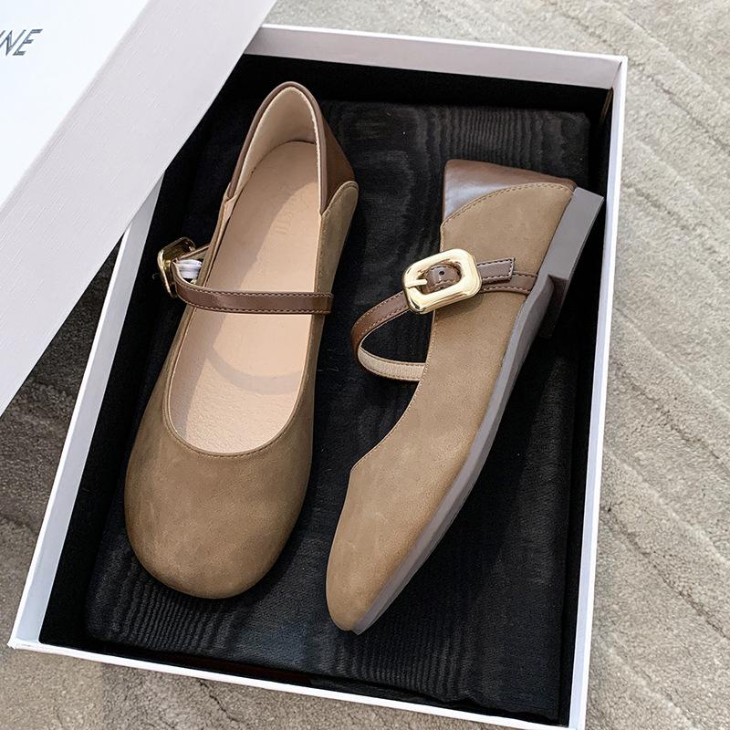 

Light beige single shoes female spring new one-word with fairy gentle suede Mary Jane shoes flat beanie shoes 40 коричневый