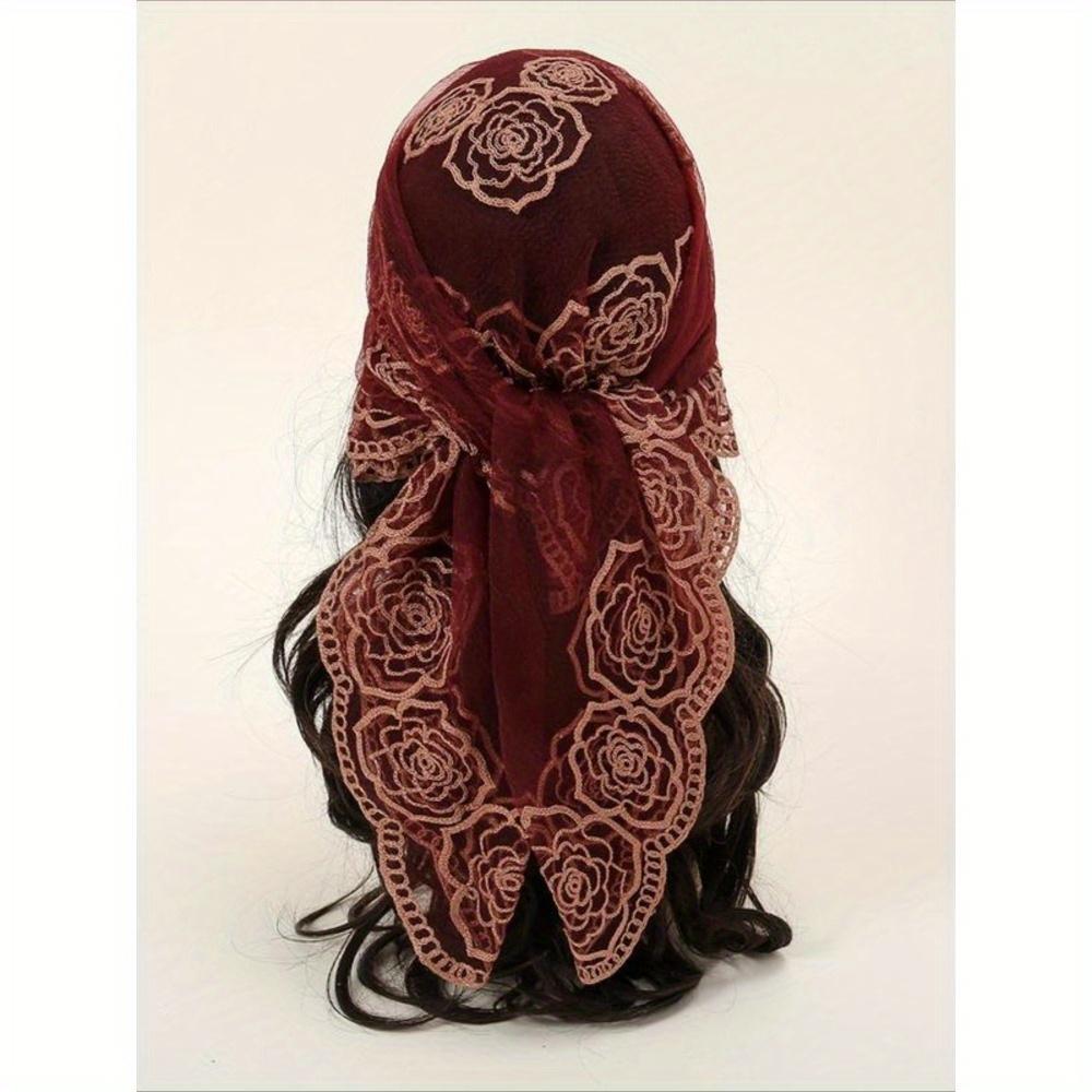Spring Floral Mesh Scalloped Design Headscarf, Bohemian Floral Embroidered Wrap, Suitable For Women In All Seasons