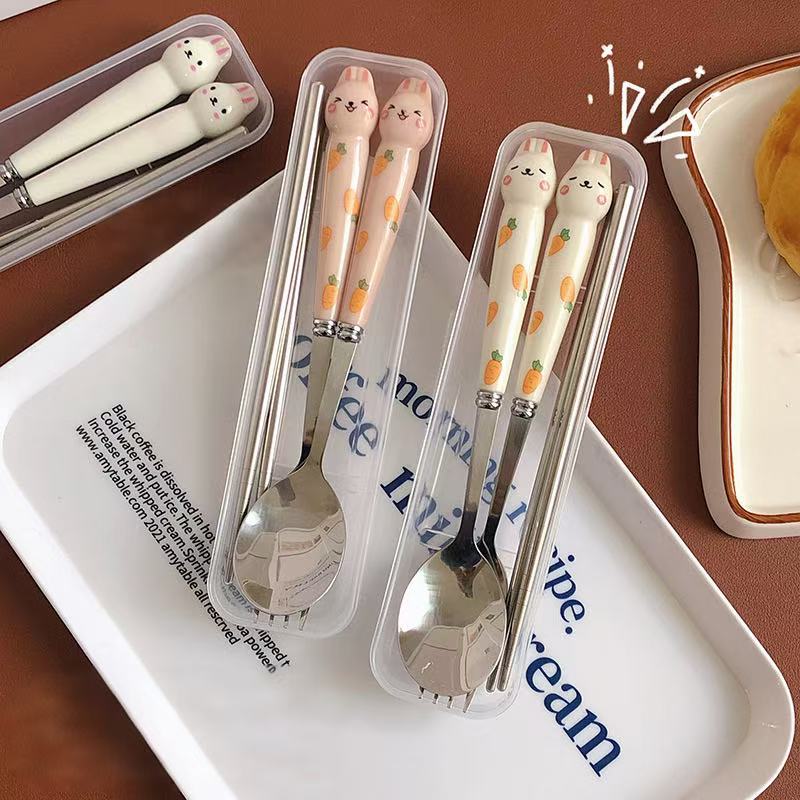 Stainless Steel Cartoon Knife Fork Spoon Kitchen Dinnerware Animals Glossy Ceramic Handle Set With Box For Dessert Steak
