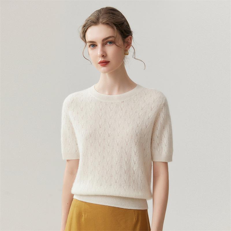 Lekasha 100% Pure Cashmere Round Neck Hollow Knit Short Sleeve T-Shirt