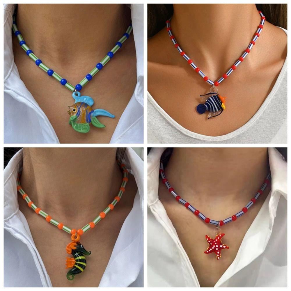 Tropical Island Seahorse Pendant Colorful Glass Beaded Necklace Women and Girls