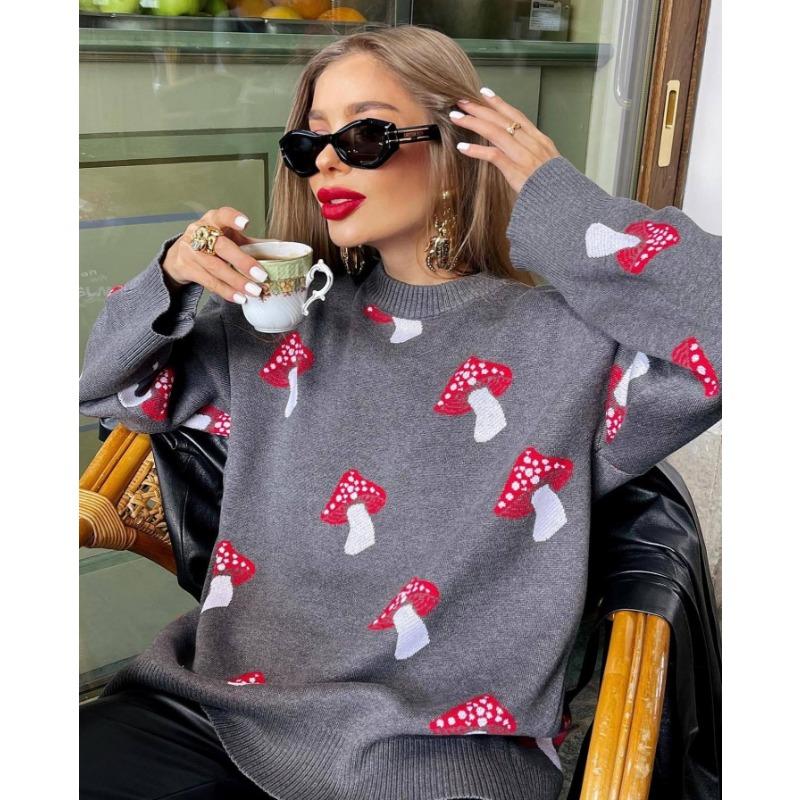 

Женский свитер с жаккардовым узором и грибами, свободный свитер контрастного цвета L