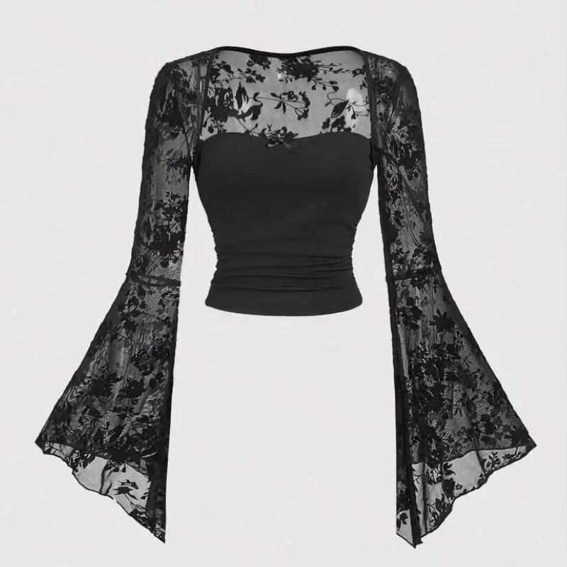 VAYLA Gothic Sexy Lace Mesh Flared Long Sleeve Smock Y2K Vintage Black See Through Cover-ups T-Shirts Grunge Summer Women Streetwear