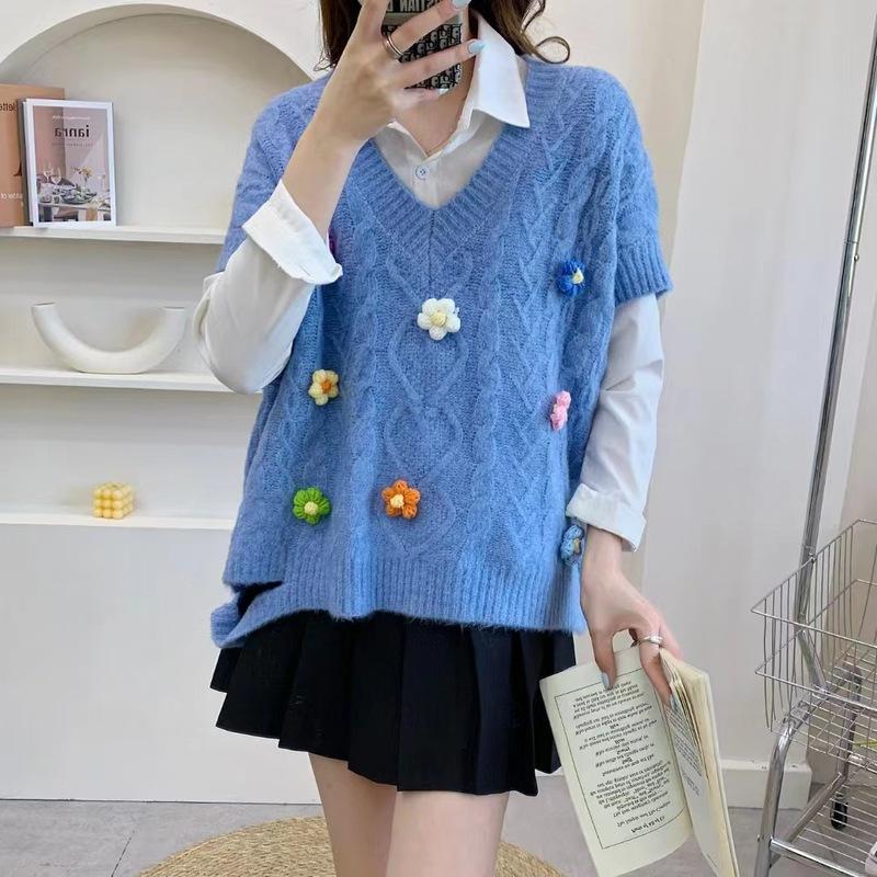 

Пуловер, жилет, свитер 2022, жилет в студенческом стиле, вязаный жилет, женский ранний осенний дизайн, свободный пуловер без рукавов, жилет, женский топ One Size королевский синий