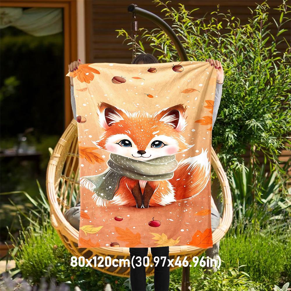 1PC Autumn FoxOutdoor Flannel Blanket - Soft Plush Decor for Picnics, Camping, Bedroom, Playroom, Office, or Lunch Break 1349A