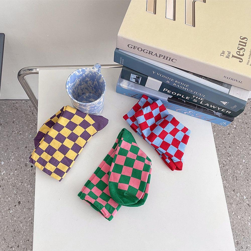 Cotton Hip Pop Plaid Female Hosiery Mid-tube Sock College Style Socks Korea Checkerboard  Socks
