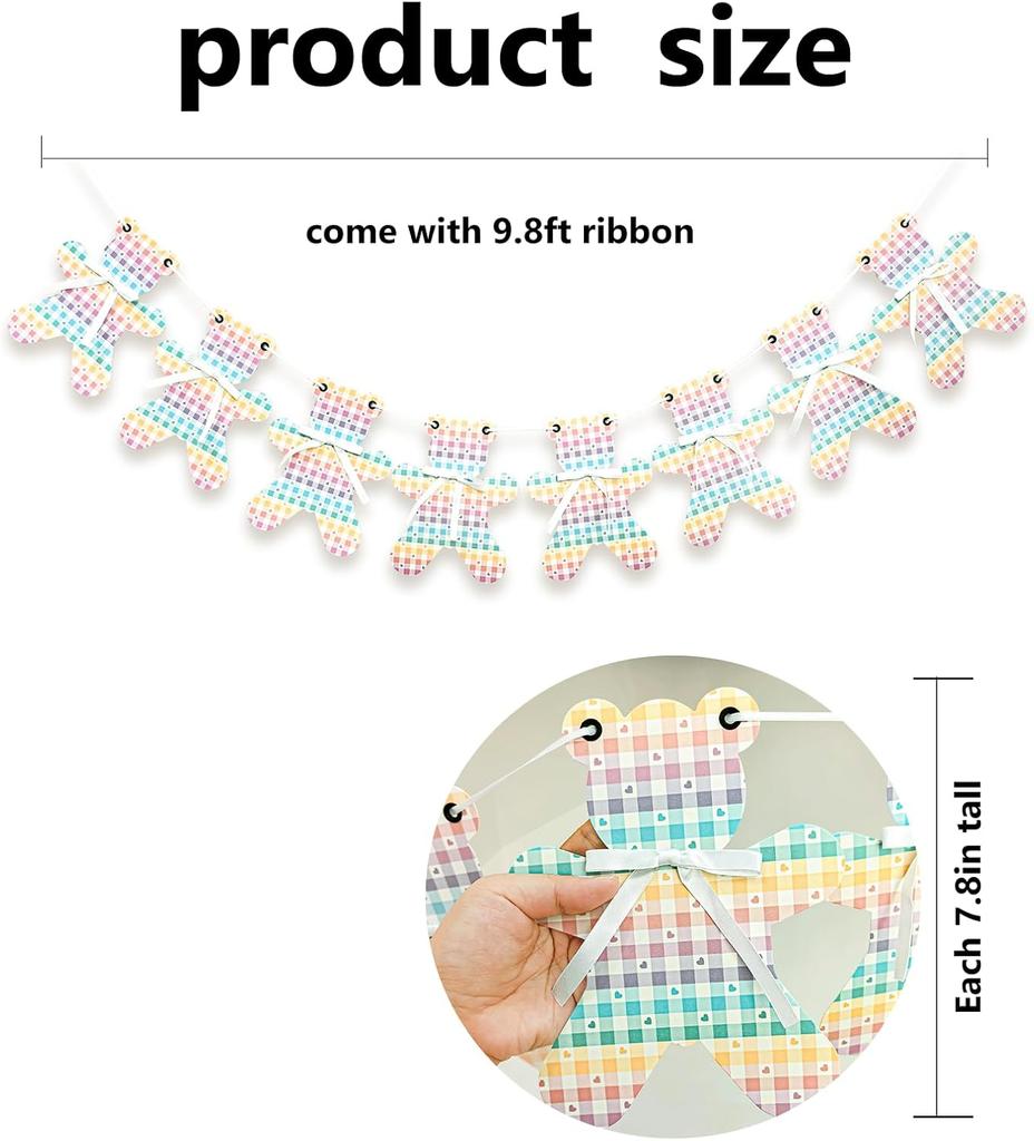 8Pcs Rainbow Gingham Bear Paper Bunting Garland, Colorful Gradient Plaid Bear Banner with Bowknot, Aesthetic Wall Decor for Picn