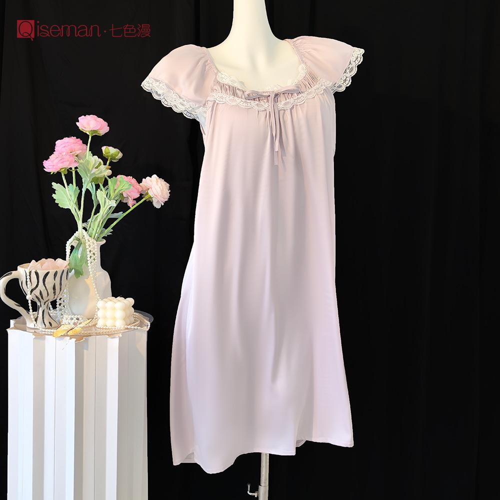 Girly lace short-sleeved nightgown women's summer with chest pad pure desire wind loungewear women's imitation silk ice silk pajamas women's summer