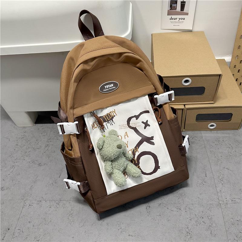 

School bag middle school students ins high-quality school bag women s 2025 new splicing simple, large-capacity college student backpack single package хаки