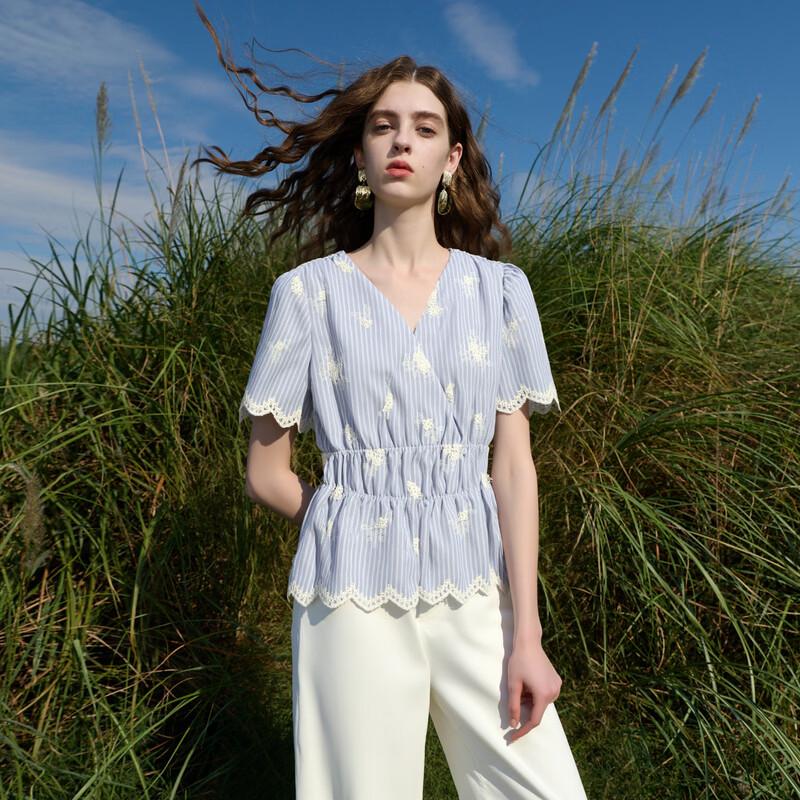 Sancai 2026 Summer Striped Embroidered V-Neck Blouse