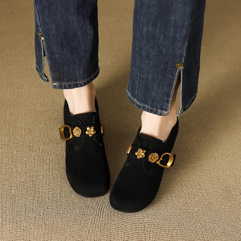 Huge and beautiful~! Frosted retro gold buckle thick heel loafer single shoes women's middle heel grandma shoes