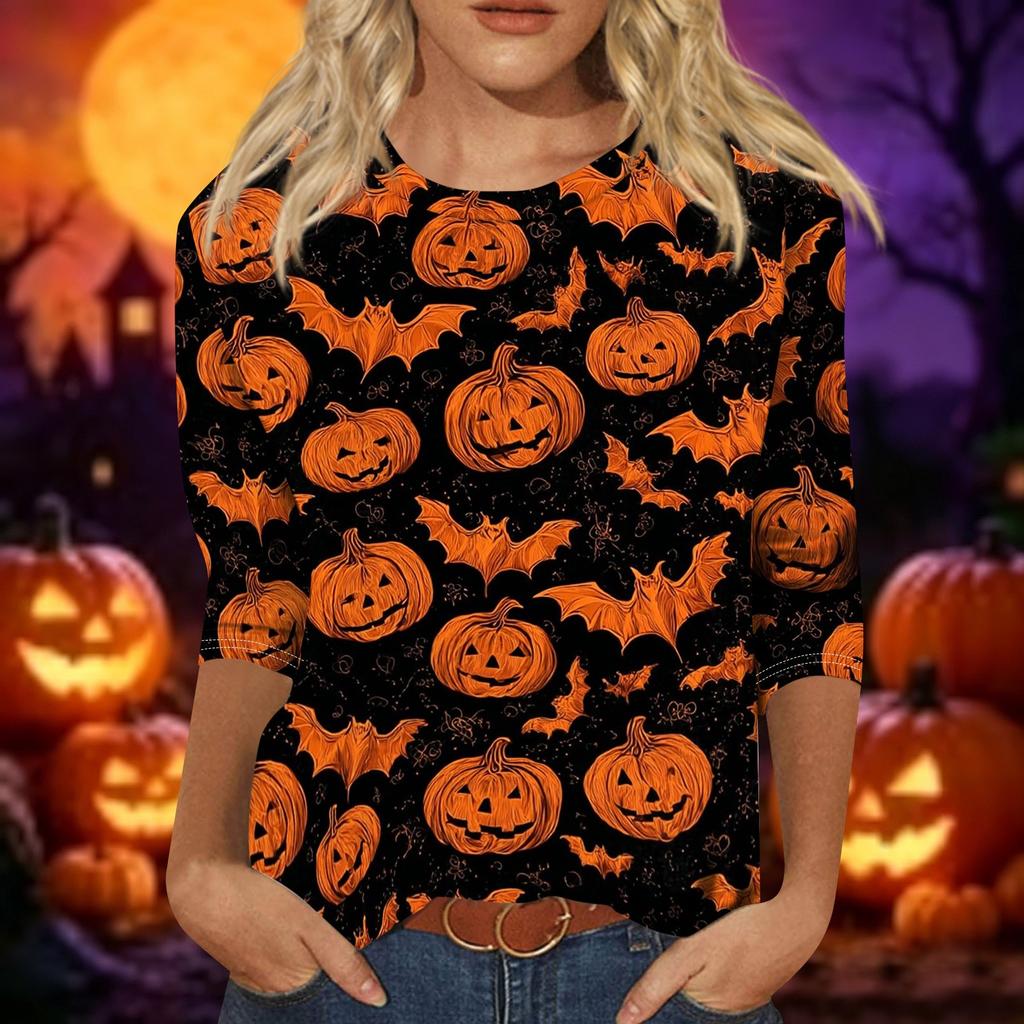 Women's Casual Halloween Print Top Three Quarter Sleeve Round Neck Pullover Shirt Lightweight Comfortable Fit for Everyday Wear
