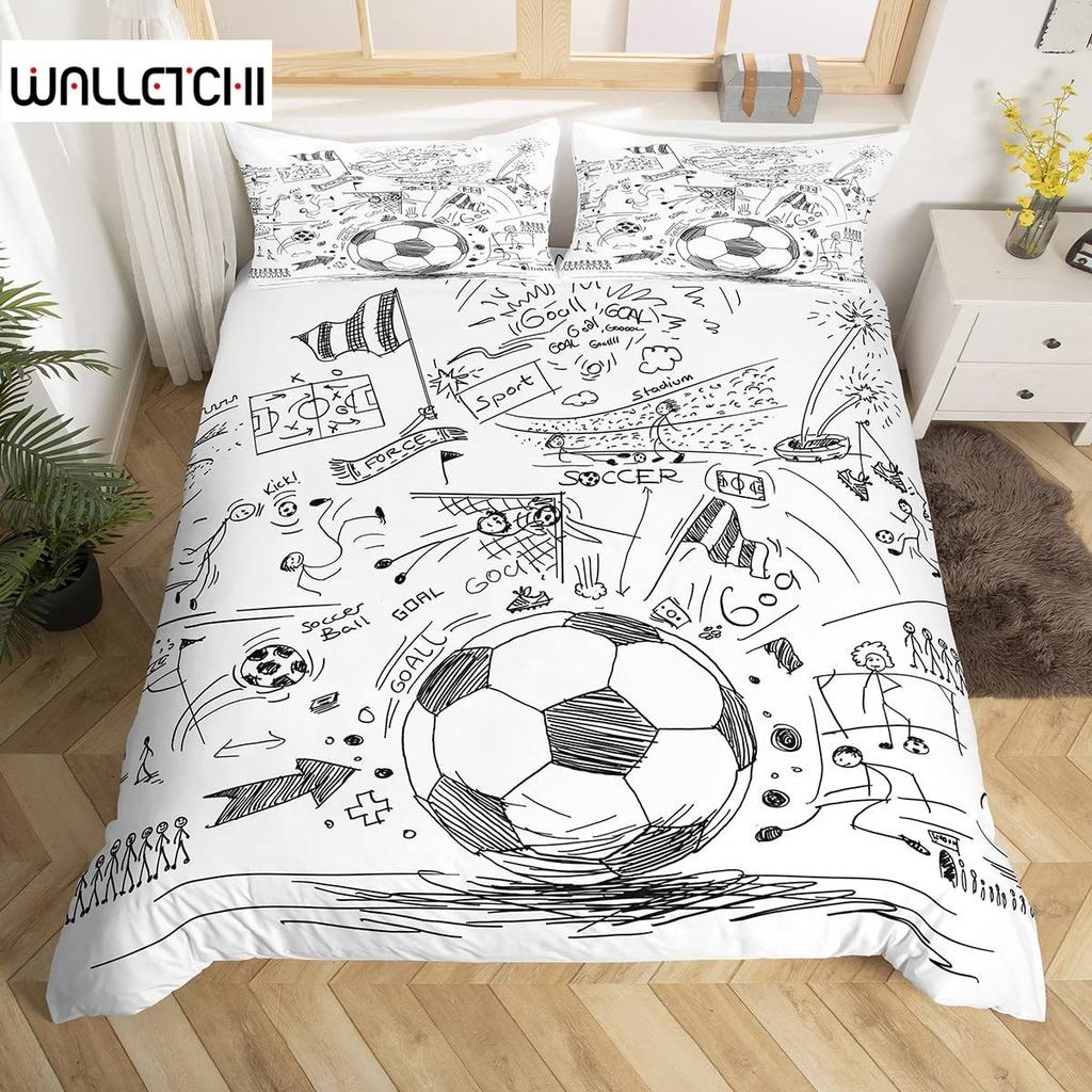Soccer Duvet Cover Set King Queen Full Size Football Pattern Polyester Comforter Cover For Kids Teens Soccer Lover Bedding Set