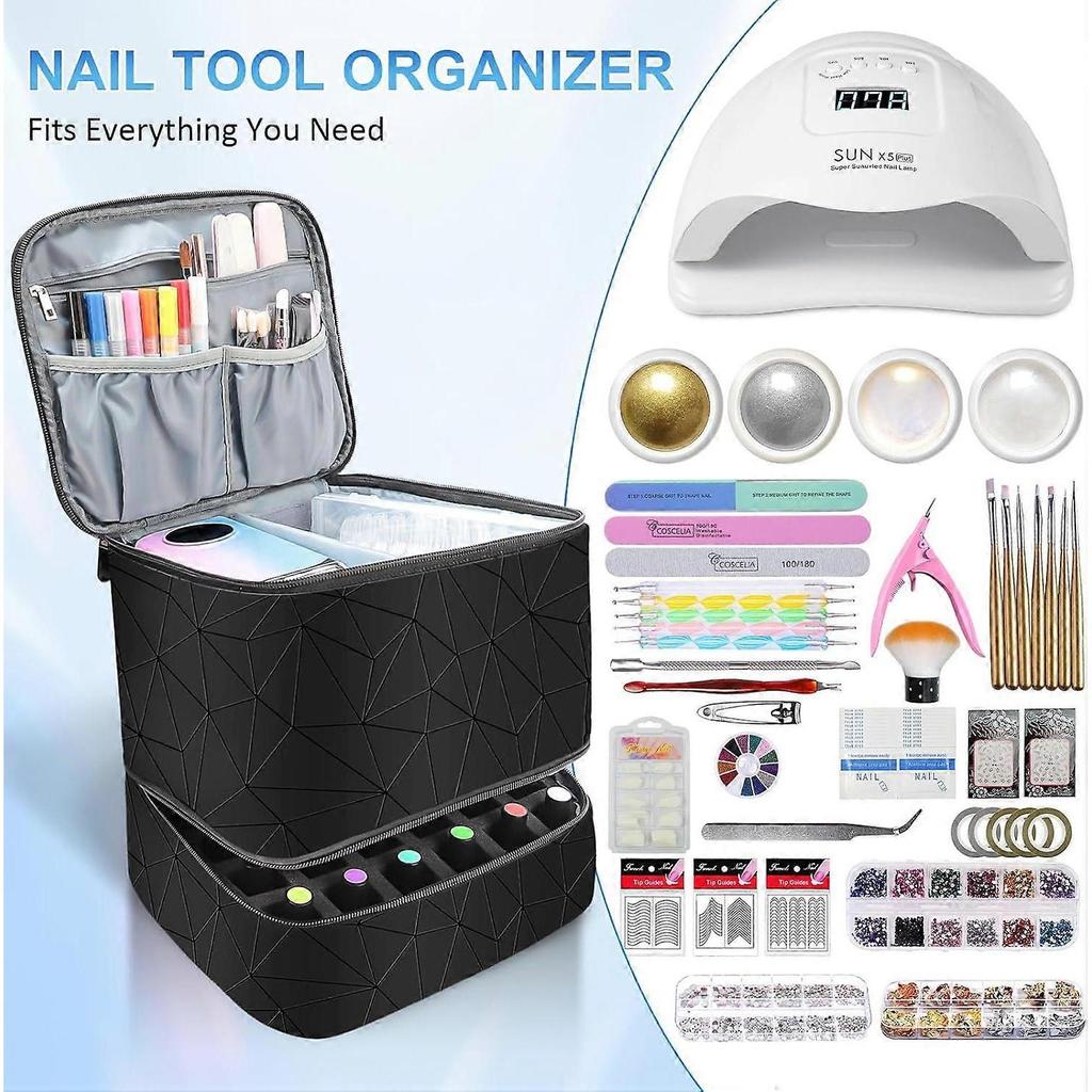 Doppellagige Nagellack-Organizer-Tasche mit UV-Lampenfach, fasst 30 Flaschen, großes Fassungsvermögen