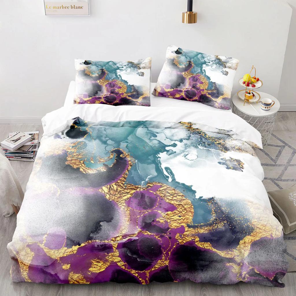 Modern Gold Blue Marble Soft Duvet Cover Women Kid Gift Gliter Abstract Marble Luxurious Ink Plus Wash Art Theme Bedrom Decorations