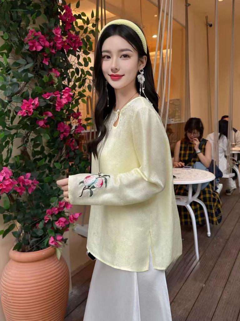 Silk Blend Jacquard Round Neck Hollow Out Slimming Top for Women - 2026 Spring Long Sleeve