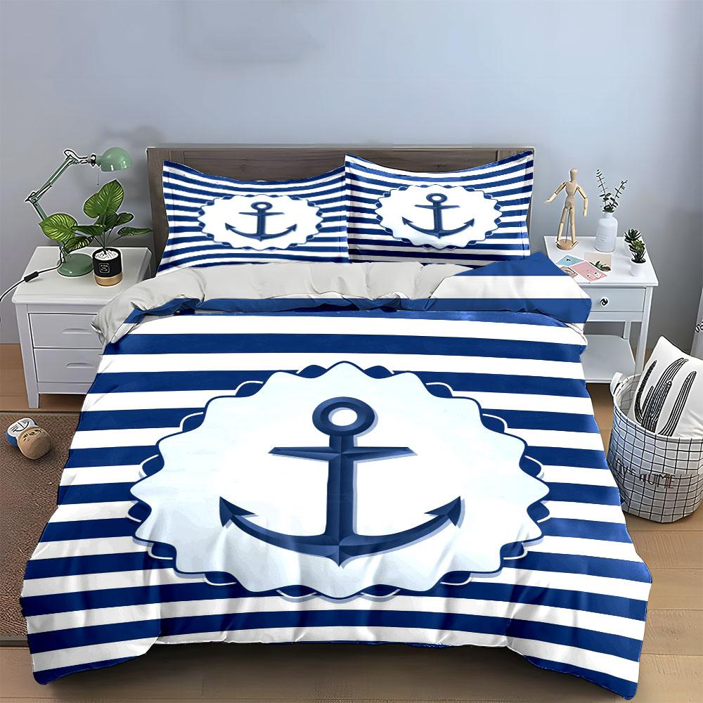 Blue anchors, striped background. Bedding sets Duvet cover sets Duvet covers Pillowcases(1*Duvet Cover 2*Pillowcases without duvet insert)