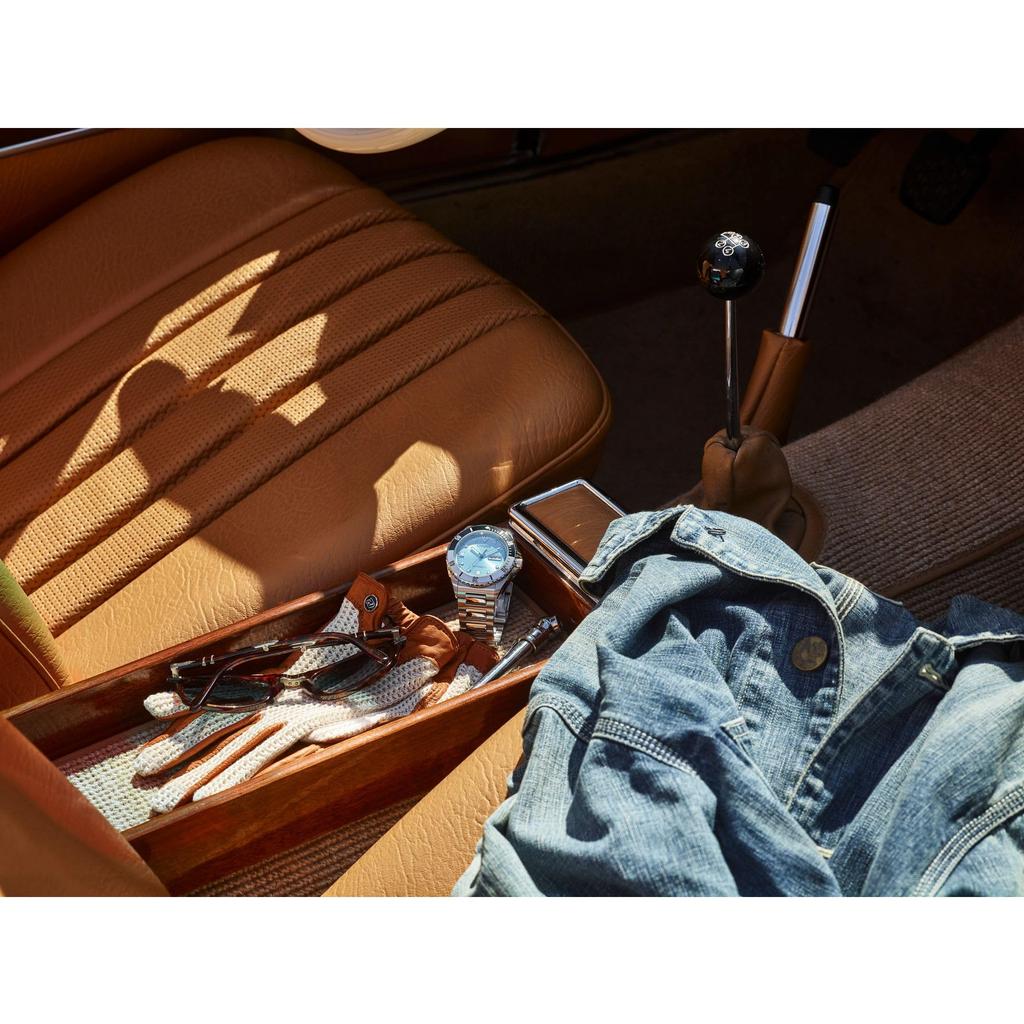 Citizen Automatic Stainless Steel Analog Watch with Light Blue Black and Silver Three Silver Band Men's Dial, Bezel, Hands, Day/Date (Model