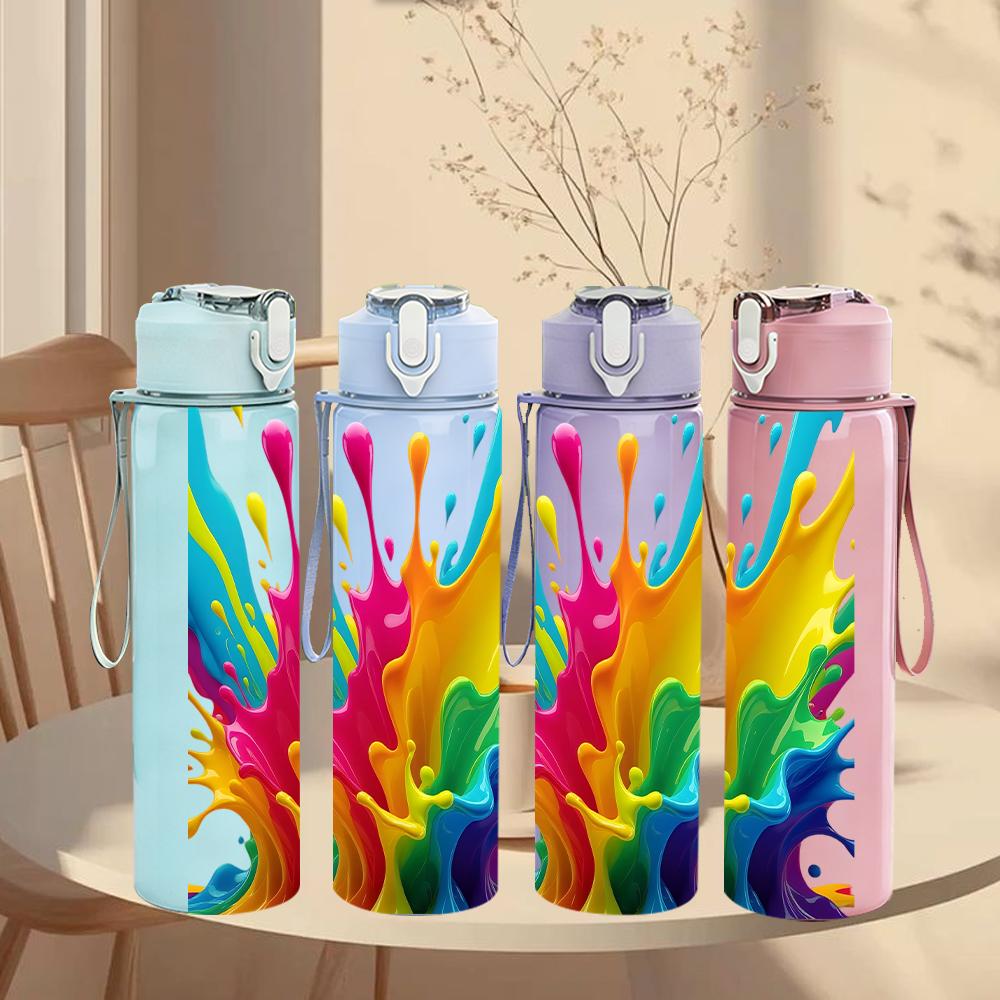 1 Stück Bunte Regenbogen-Tintenspritzer 750ml Farbige Kunststoff-Wasserflasche Auslaufsicherer Klappdeckel mit Strohhalm Für Sport, Büro, Zuhause