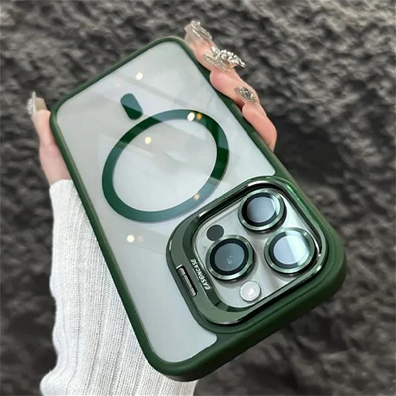 Luxury Magnetic Shockproof Phone Case For iPhone 16 15 14 13 12 11 Pro Max For Magsafe Funda Stand Glass Lens Protector Cover