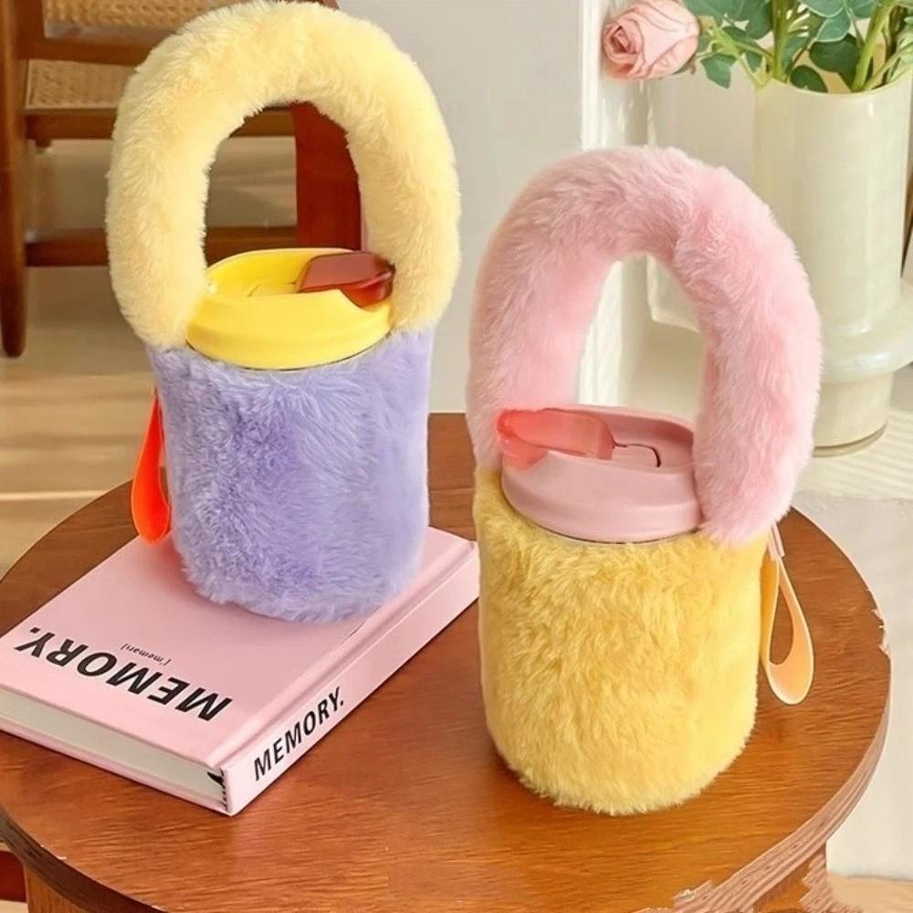 Spliced Color Thermos Cup Sleeve Heat-proof Plush Cup Cover Sweet Bottles Cup Pouch  Bottles Cup