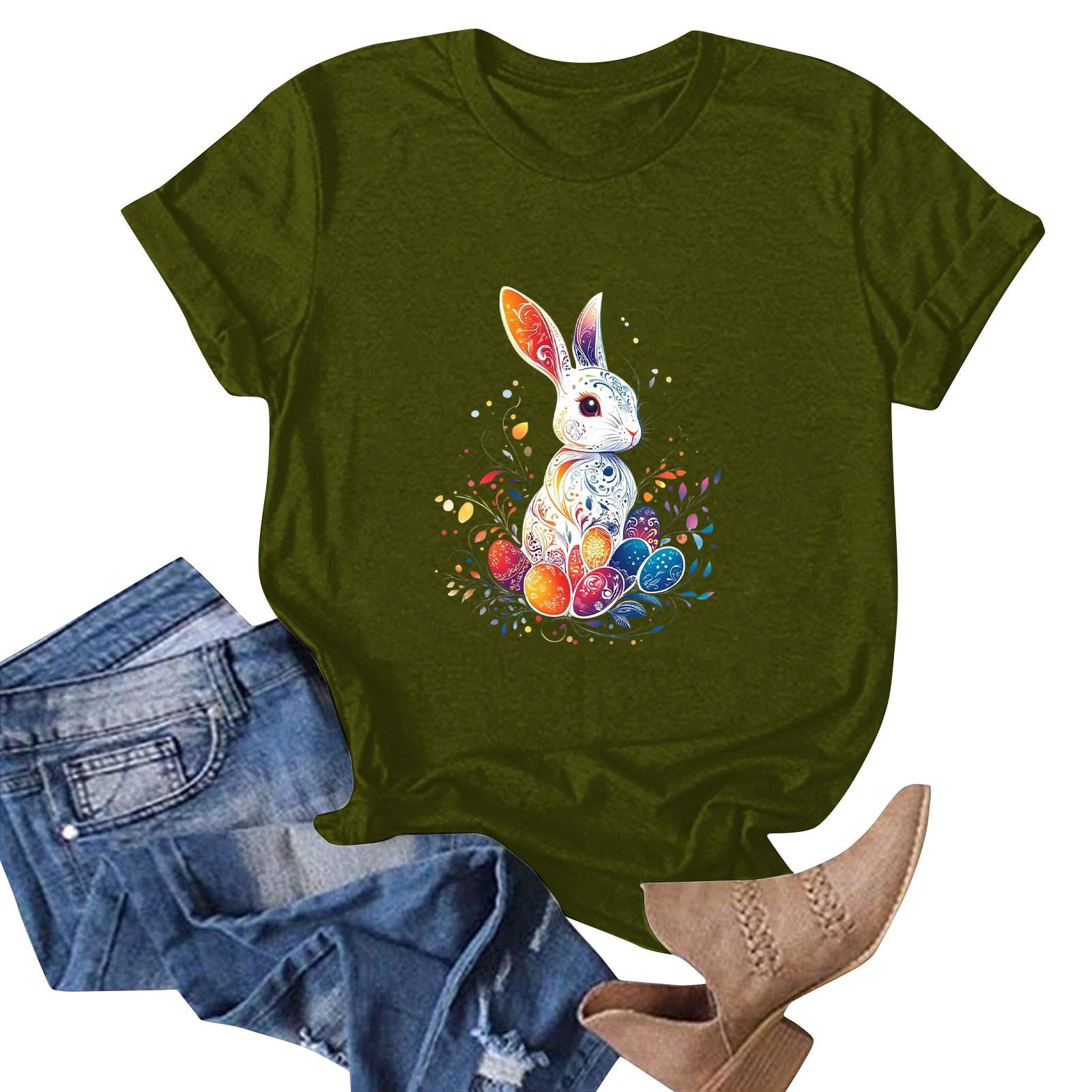 Women s Easter Bunny Print Neck Short Sleeve T-Shirt Top L