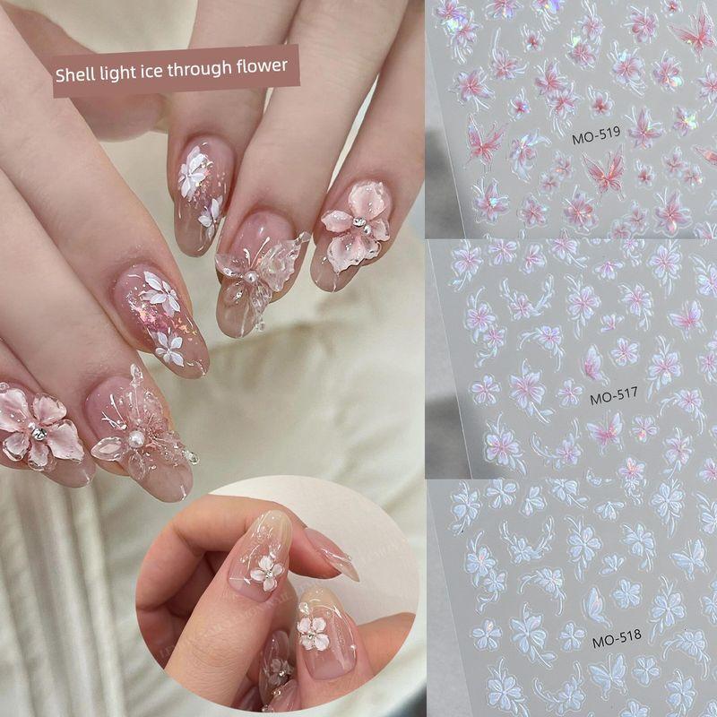 

Shell Light Ice Flower Nail Sticker Embossed Butterfly 2025 New Arrival Three-Dimensional Pure White Pink Flower Wear Nail Sticker One for each of the 3 paragraphs