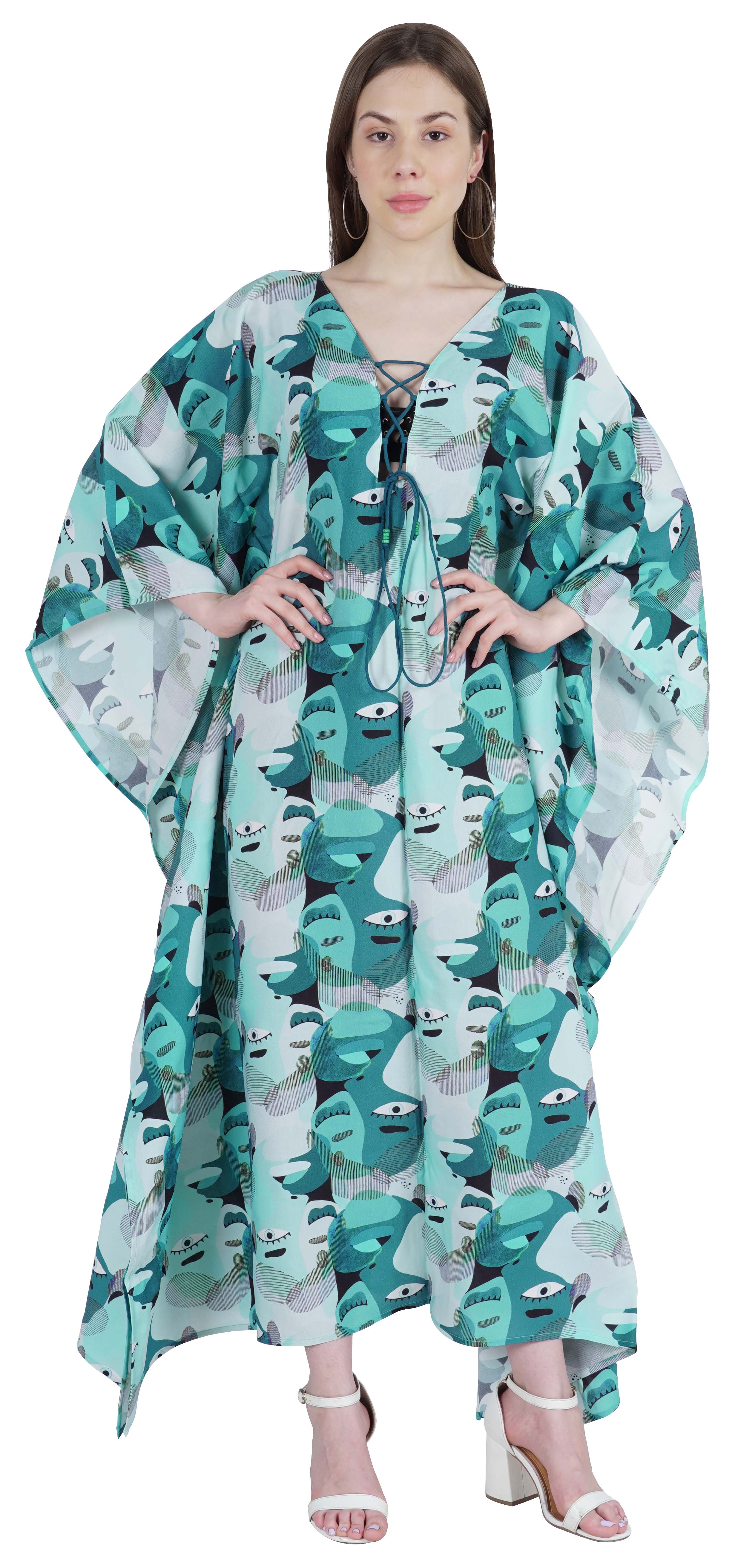 

Moomaya Printed Rayon Turkish Maxi Kaftan For Women Beachwear Bikini Cover Up Resort XXL чирок синього кольору