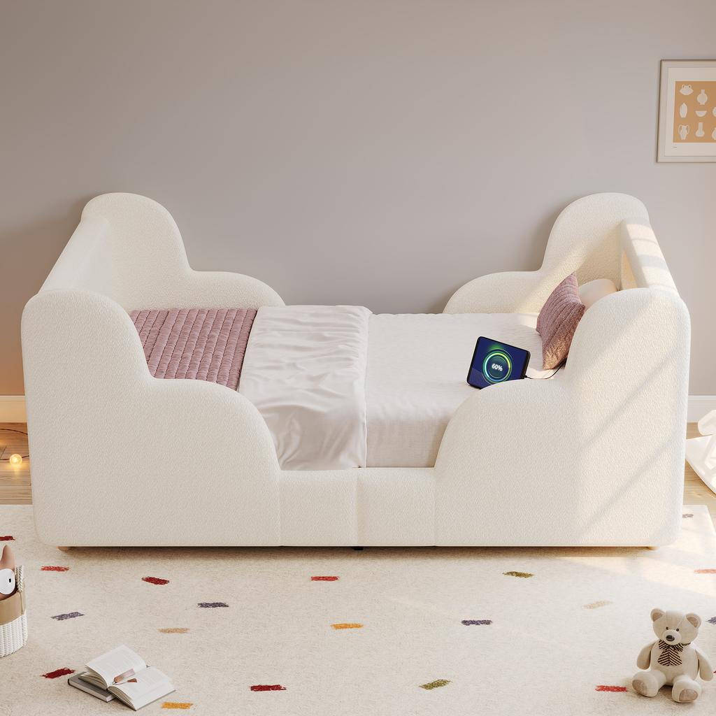 Children's Bed 90 X 200cm, Upholstered Bed, with Safety Rail, Night Light, USB Charging Port and Storage Compartments, Solid Wood Legs, Beige Bouclé