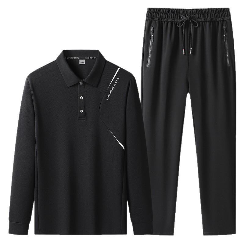 Men's Plus Size Long Sleeve Polo Shirt & Pants Set - Autumn/Winter Warmth for Middle-Aged