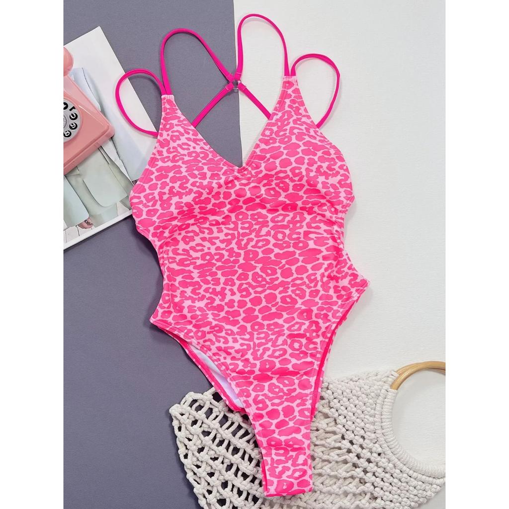 2024 New Summer Women Solid Color Swimsuit Backless Cross Bandage Swimwear One-Piece Suit Sexy Push Up Bikini Beachwear Bodysuit