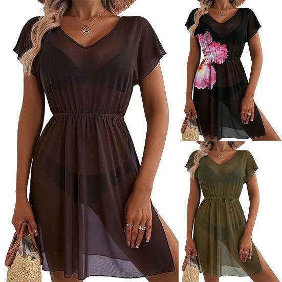 Bikini Cover Up Mesh Lightweight Sheer V-Neck Short Sleeve Beach Dress with Elastic Waist Design Anti-UV