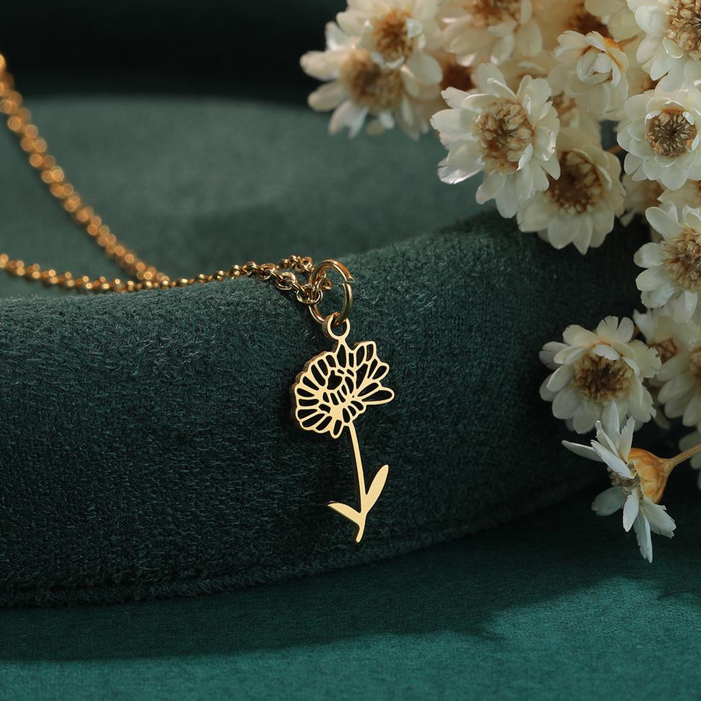 Kinitial Birth Flower Necklaces For Women Girls Stainless Steel 12 Month Flower Necklaces Birthday Jewelry Gift
