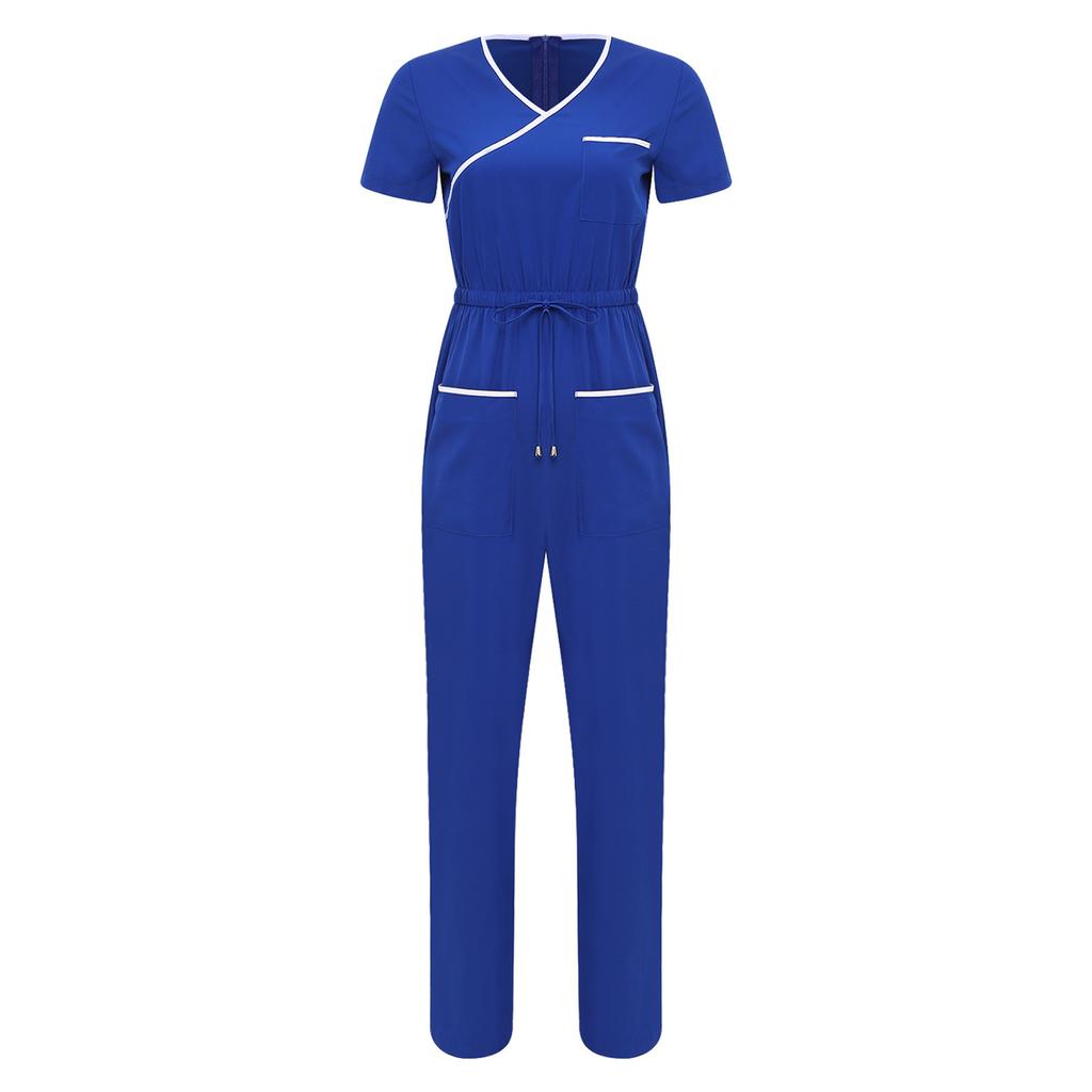 Damen Medizinischer Einteiler Jumpsuit Kurzarm Kordelzug Taille Elastischer Rücken Reißverschluss Taschen Arbeitskleidung
