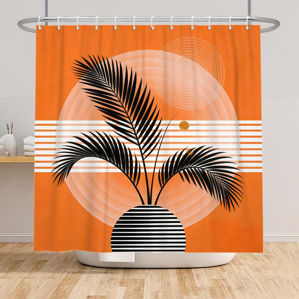 Tropical Rainfores Bathroom Shower Curtain Plant Green Leaves Simple Line Decor Waterproof Bathtub Bathroom Curtain With Hooks