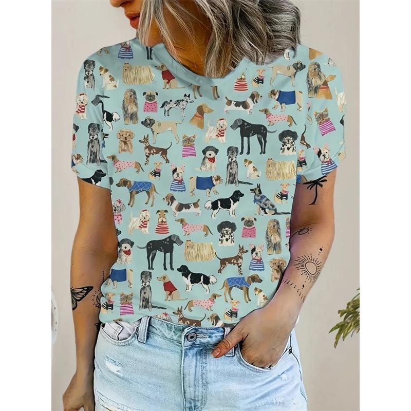 Summer Cute Dog Short Sleeve T Shirt Fun Animal Round Neck Short Sleeve T Shirt Loose and Comfortable for Men and Women