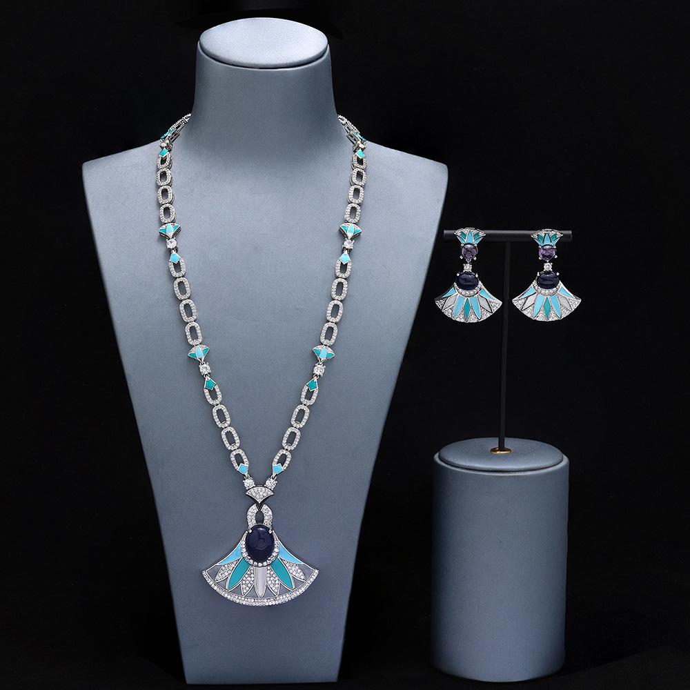 Fan Long Necklace Sapphire Enamel Craft Celebrity Temperament Women's Evening Dress Set Chain